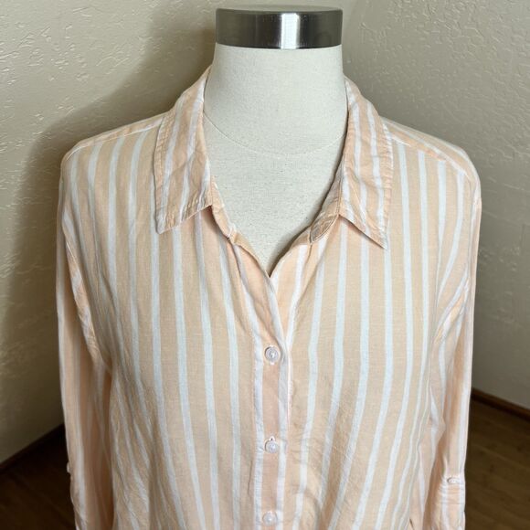 3/$30 Lola River Shirt Size Large Orange White Striped Tie Front Tencel Linen - Picture 2 of 11
